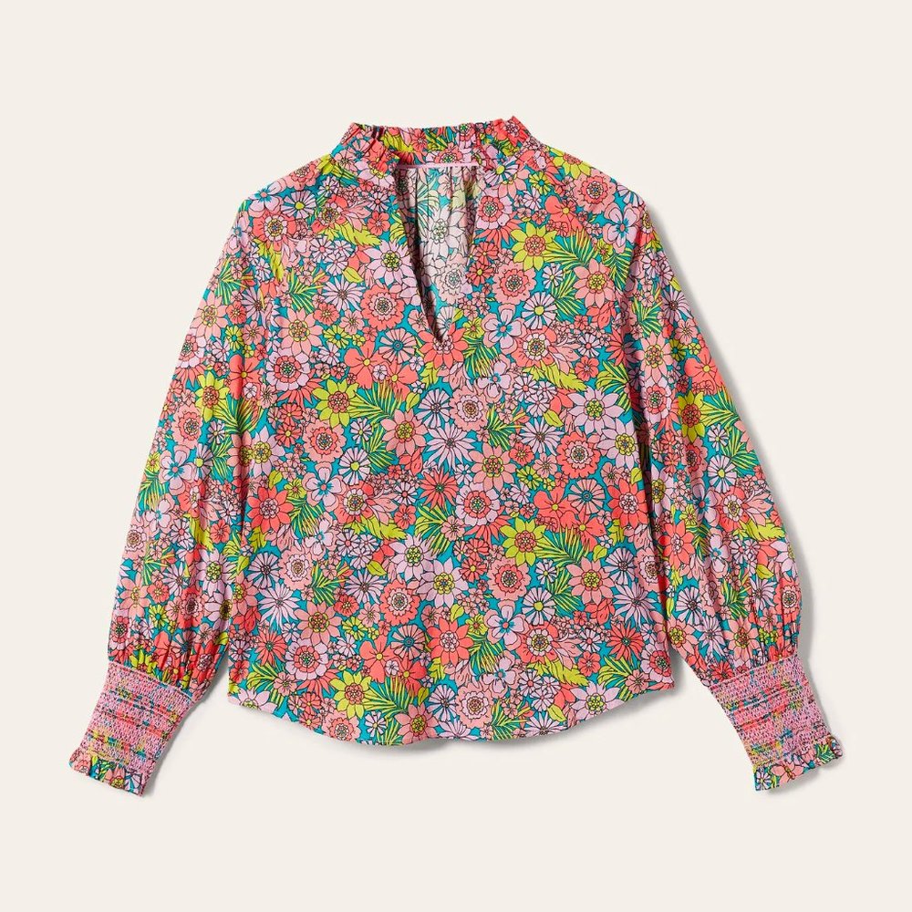 Boden Smocked Cuff Printed Top In Bonbon Pink, Bloom Garden Size: 10